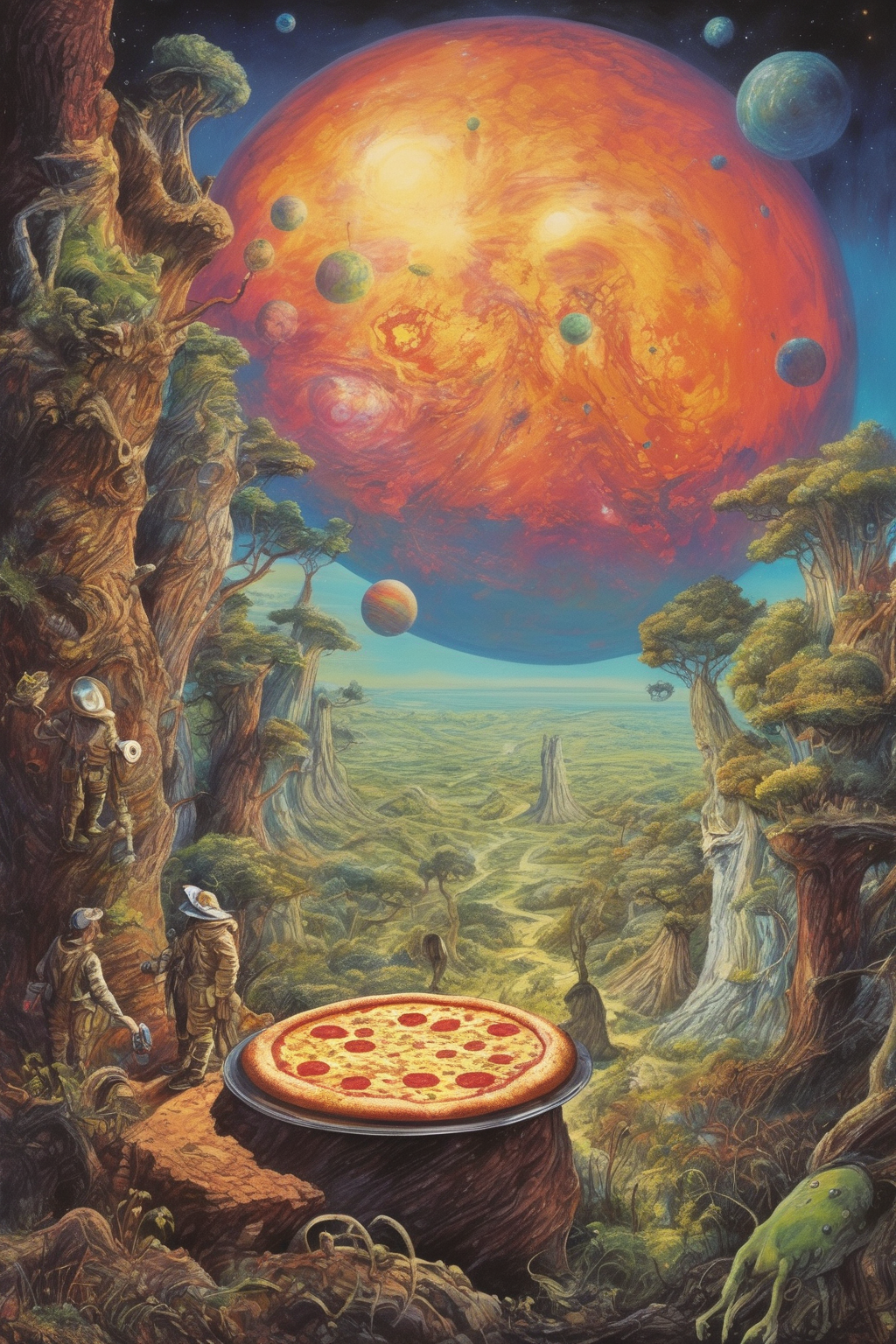 00563-673633788-Josh Kirby Style - explorers, looking at a new and mysterious planet. Vibrant with colour and life. Gherkins and pizza. A true g.png